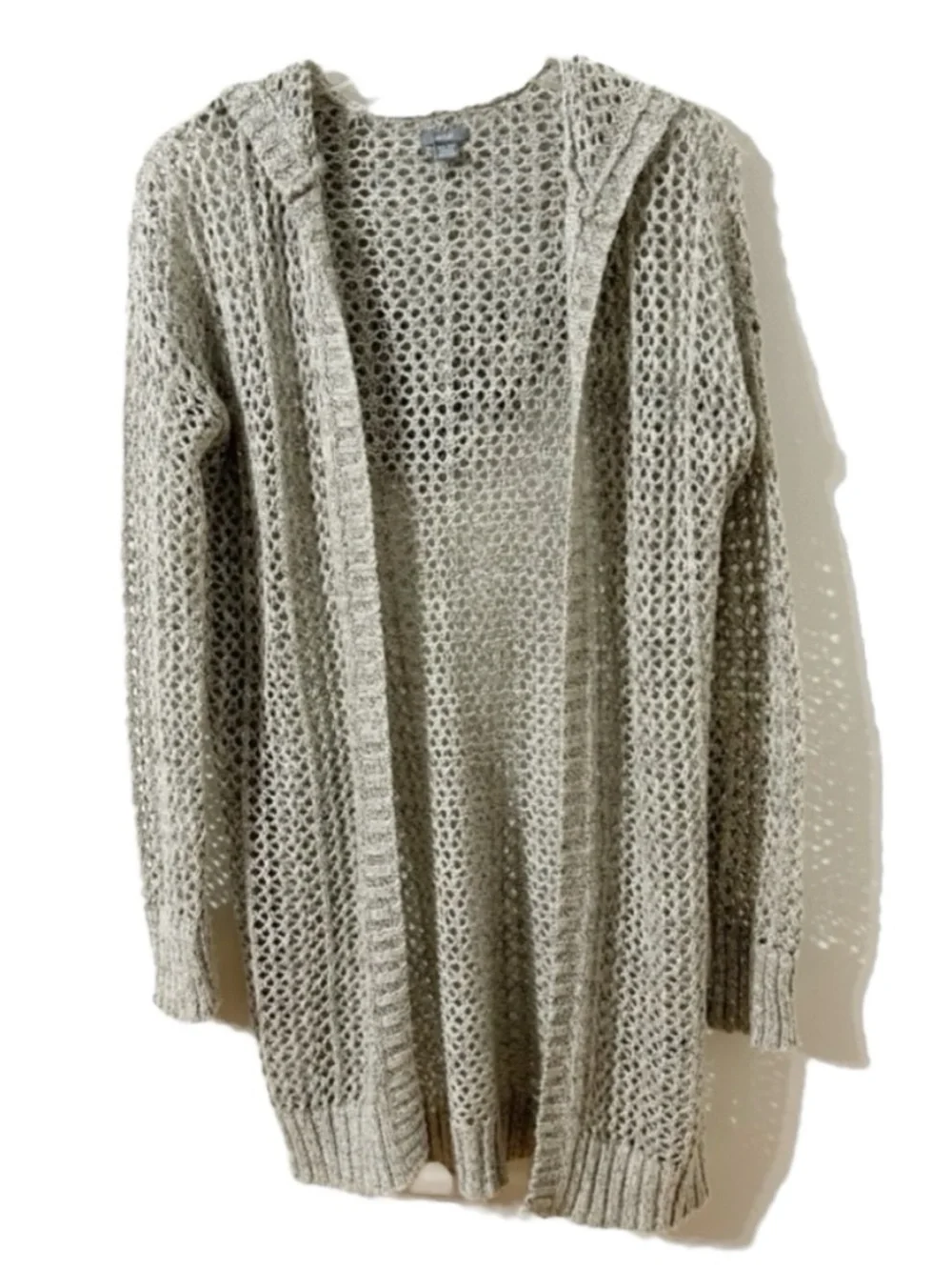 Aerie Light Gray Open-Knit Long Sleeve Cotton Blend Cardigan Sweater with a Hood